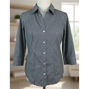Style & Co Women’s Gray Directional Stripe Button Down Shirt V Neck Size 4